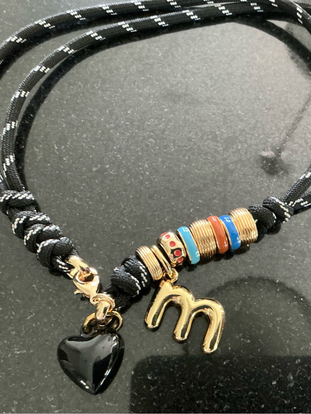 Roxanne Assoulin The Super Size Happy Cord Necklace with black puffy heart & “m” - Picture 4 of 4
